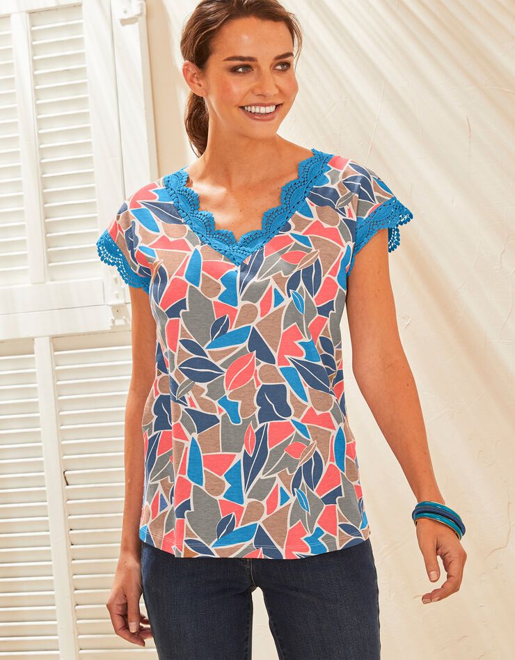 Tee-shirt imprimé col V macramé (bleu / corail) Tee-shirt imprimé col V macramé (bleu / corail)