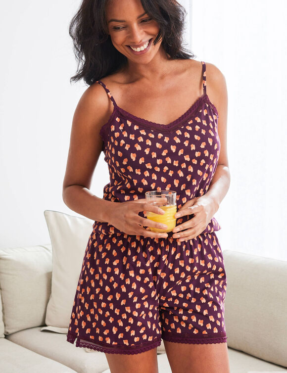 Pyjama short imprimé animalier et dentelle (aubergine)