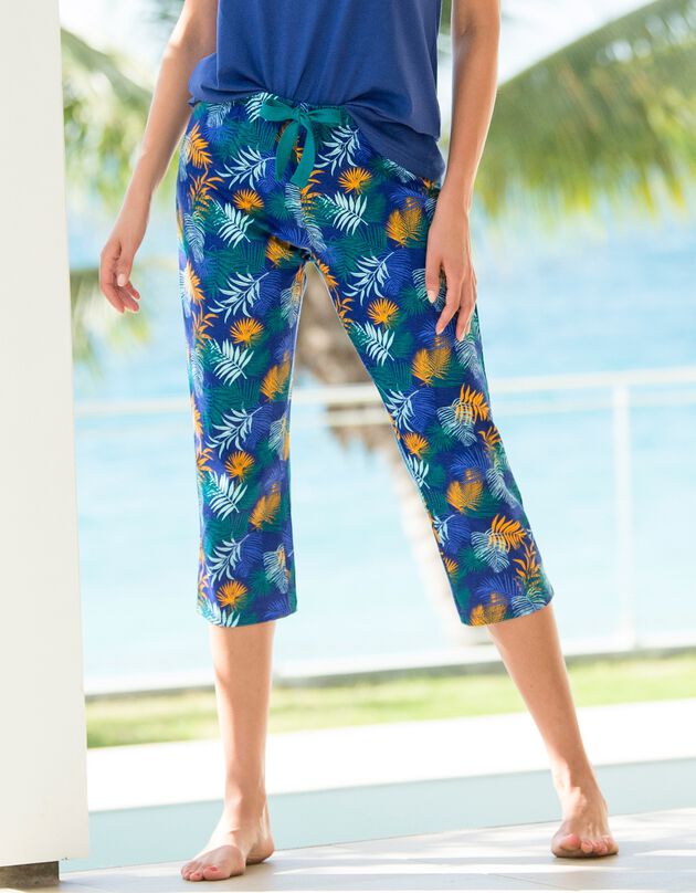 Pantacourt de pyjama en coton - imprimé tropical (bleu / safran)