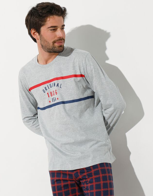 Tee-shirt pyjama manches longues polycoton (gris chiné)