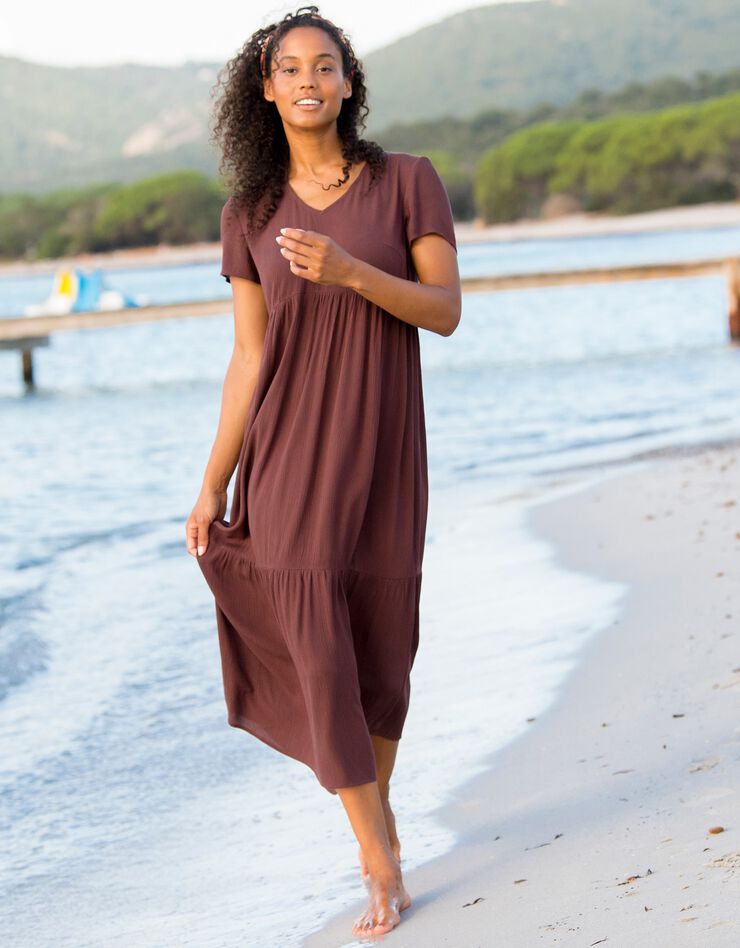 Robe col V longue unie, crépon (chocolat)