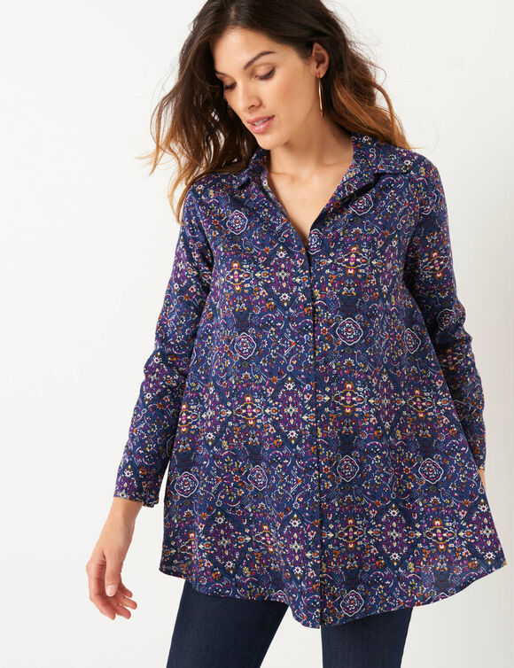 Tunique longue col chemise, imprimé cachemire (bleu / violine)