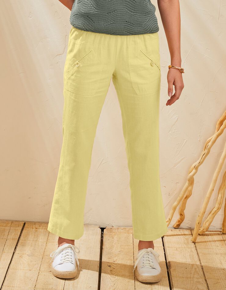 Pantalon coupe droite 7/8ème taille élastiquée, lin coton (anis) Pantalon coupe droite 7/8ème taille élastiquée, lin coton (anis)