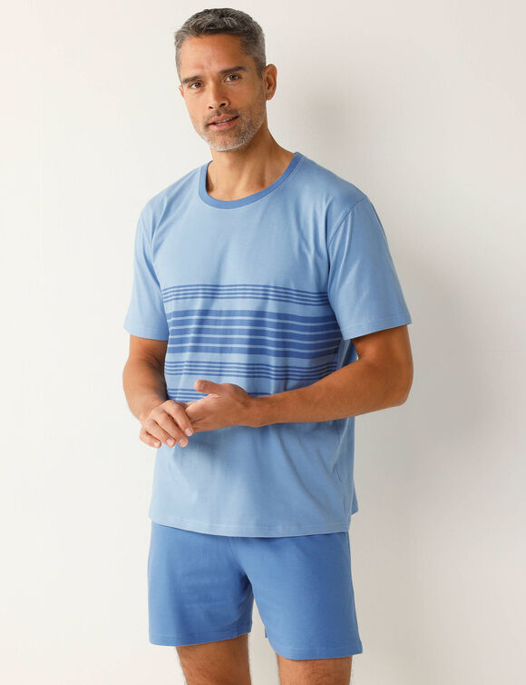 Pyjama short coton rayé (bleu)
