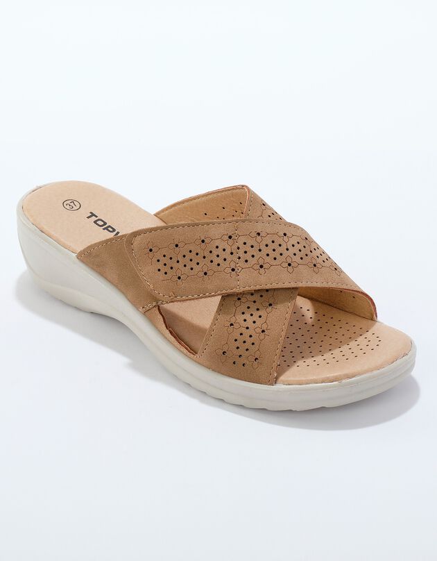 Mules compensées bandes croisées ajourées (taupe)
