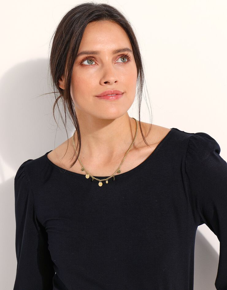 Tee-shirt uni manches coude, fronces épaules (noir) Tee-shirt uni manches coude, fronces épaules (noir)