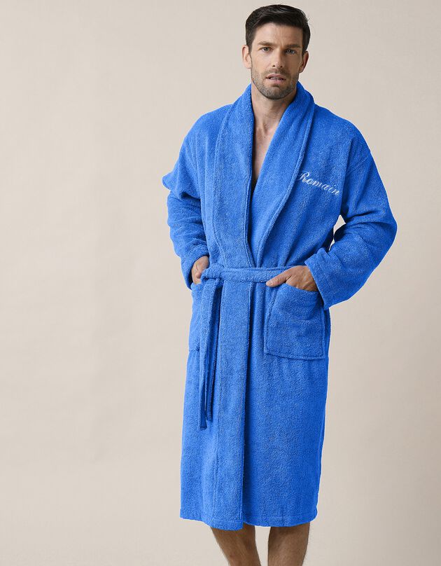 Peignoir mixte adulte éponge bouclette col châle personnalisable (bleu dur)