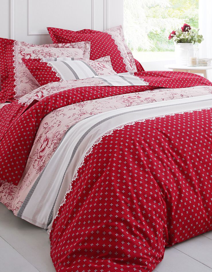 Linge de lit Gabrielle en coton imprimé pois, fleurs et dentelle (rouge)