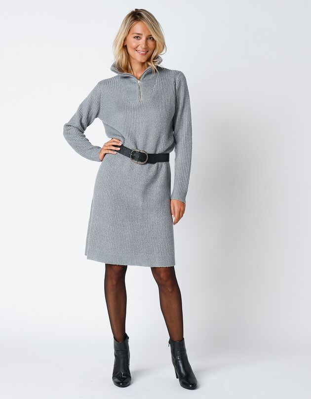 Robe pull col zippé, maille anglaise (gris chiné)