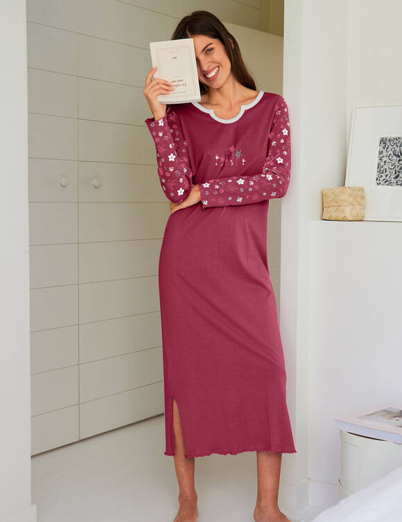 Chemise de nuit imprim&eacute;e fleurs - manches longues (cerise)