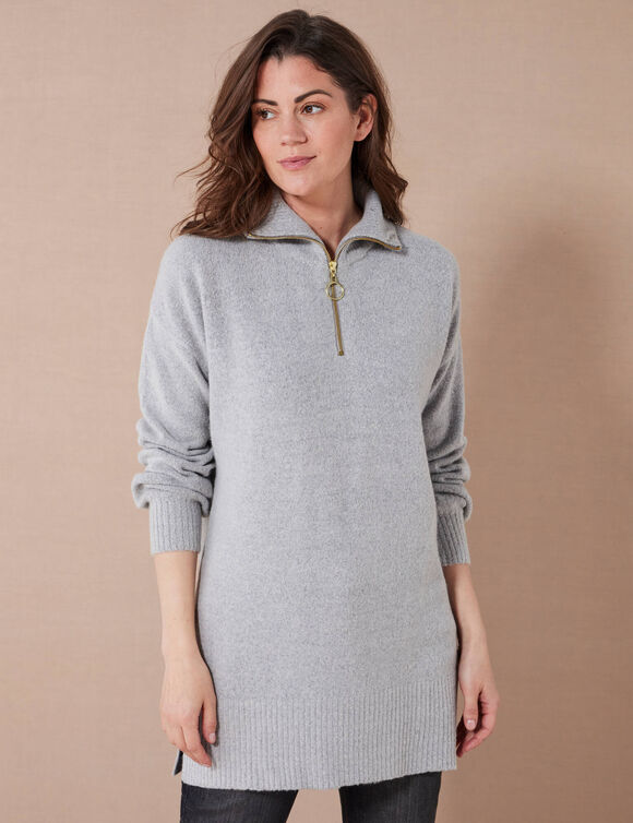 Pull tunique col camionneur zippé (gris chiné)
