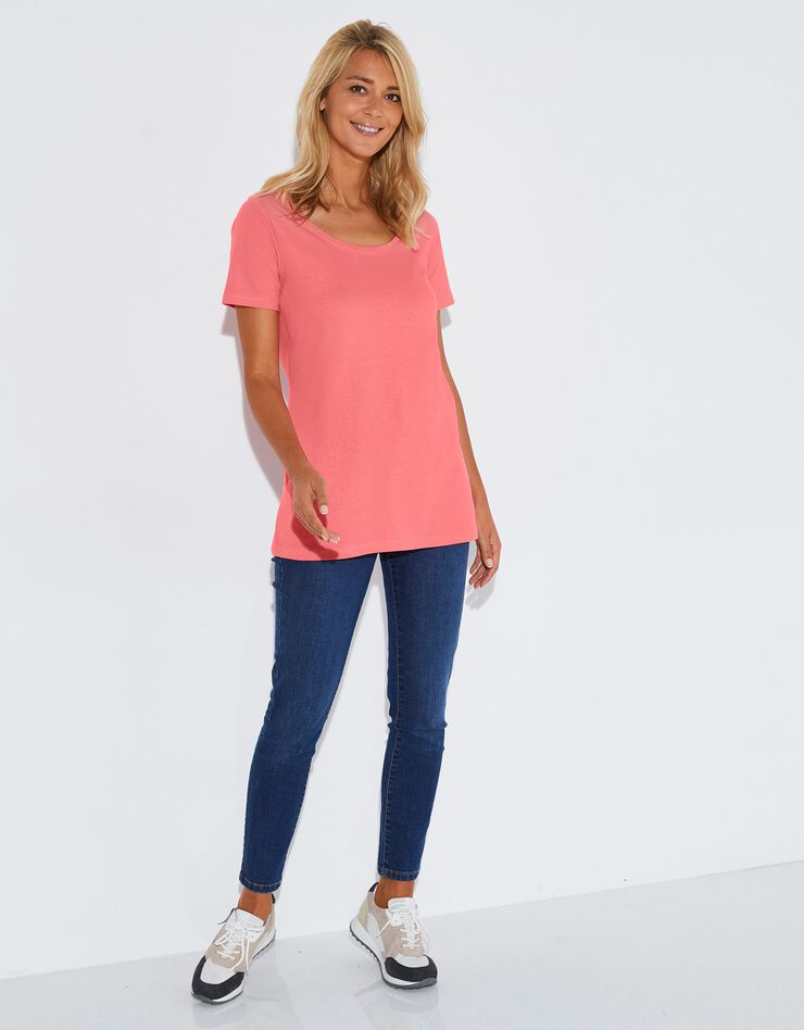 Tee-shirt uni col rond en coton bio(1), éco-responsable (corail) Tee-shirt uni col rond en coton bio(1), éco-responsable (corail)