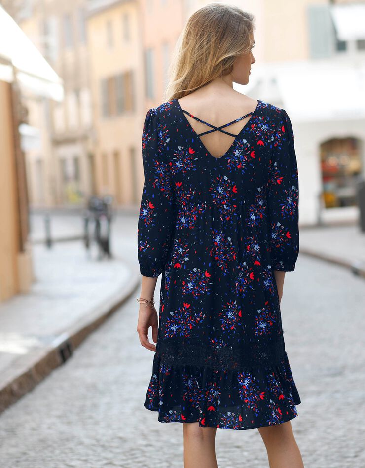 Robe dos lacé imprimée (indigo / rouge)