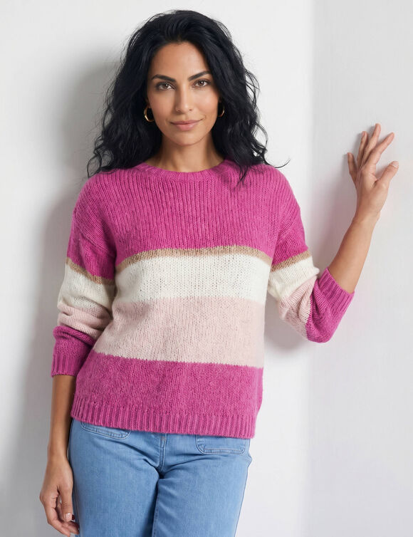 Pull col rond ray&eacute;, toucher doux (rose / &eacute;cru)