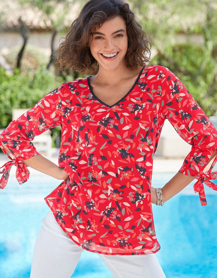 Blouse évasée voile imprimé manches nouées (grenadine) Blouse évasée voile imprimé manches nouées (grenadine)