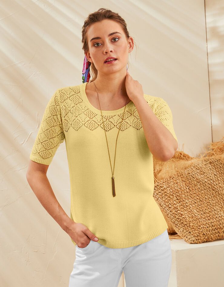 Pull manches courtes, maille ajourée toucher cachemire (jaune) Pull manches courtes, maille ajourée toucher cachemire (jaune)