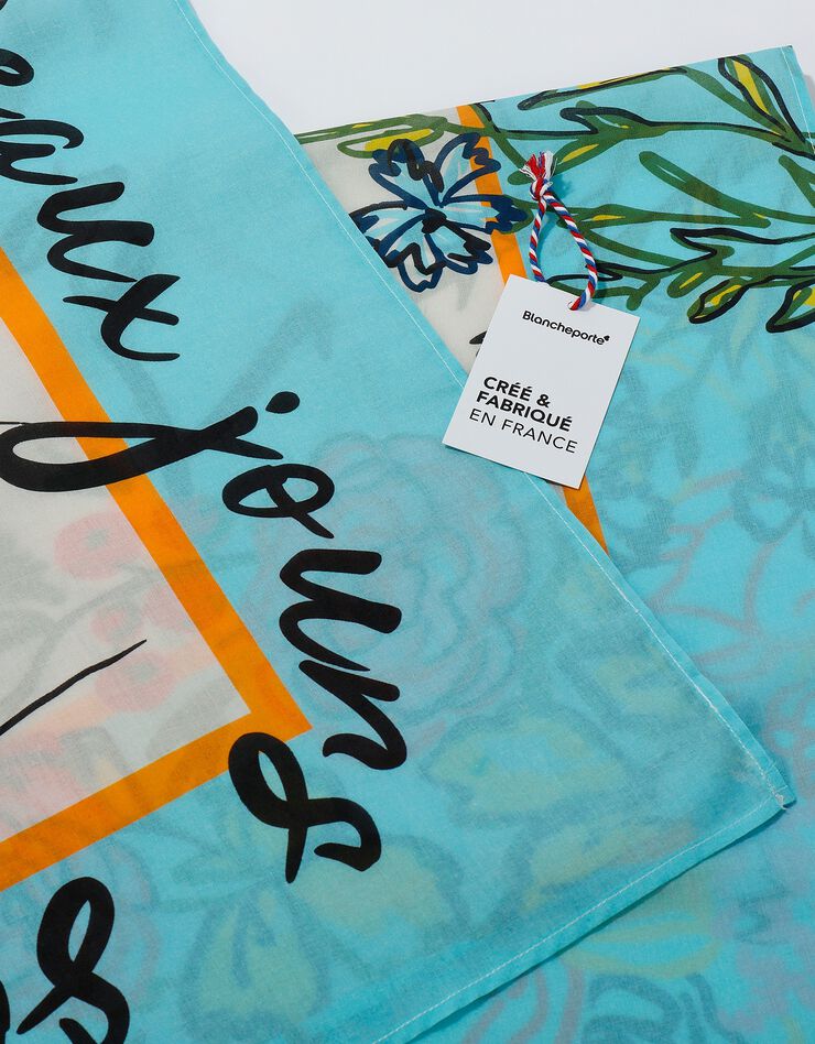 Foulard fabriqué en France imprimé fleurs, 100 x 100 cm  - coton (bleu ciel)