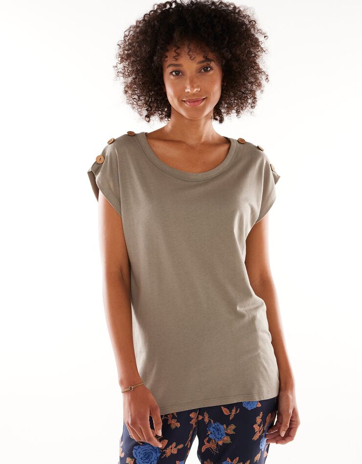 Tee-shirt uni détail boutonné maille jersey (kaki clair) Tee-shirt uni détail boutonné maille jersey (kaki clair)