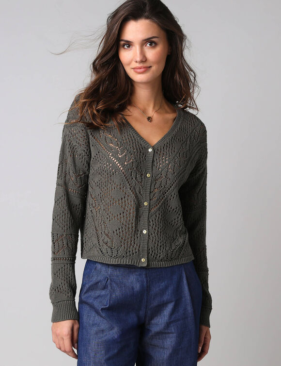 Gilet boutonn&eacute; en coton ajour&eacute; manches longues (kaki)