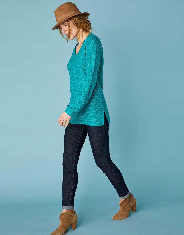 Pull tunique col V maille ajourée toucher mohair (vert) Pull tunique col V maille ajourée toucher mohair (vert)