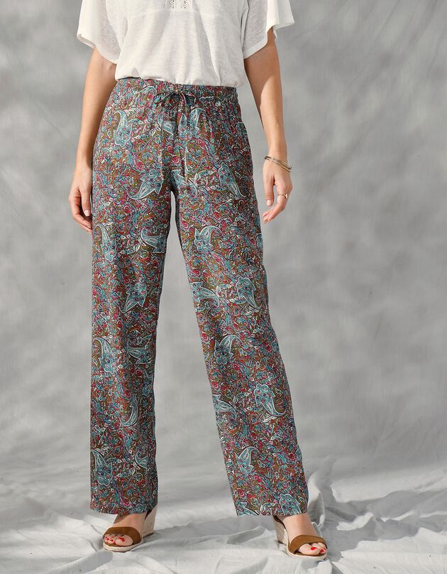 Pantalon fluide imprimé cachemire (vert / bleu)