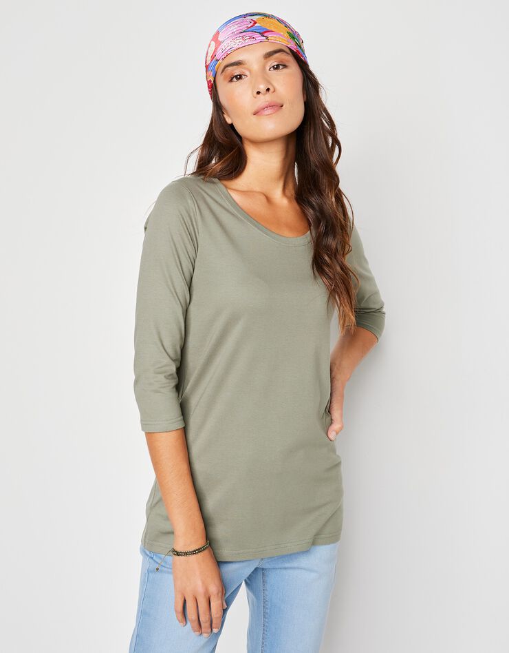 Tee-shirt manches 3/4 col rond uni coton (kaki clair) Tee-shirt manches 3/4 col rond uni coton (kaki clair)