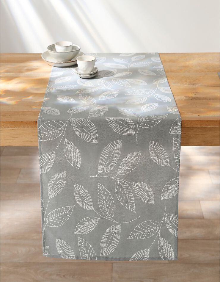 Nappe anti-taches bicolore imprimée feuilles (gris perle) Nappe anti-taches bicolore imprimée feuilles (gris perle)