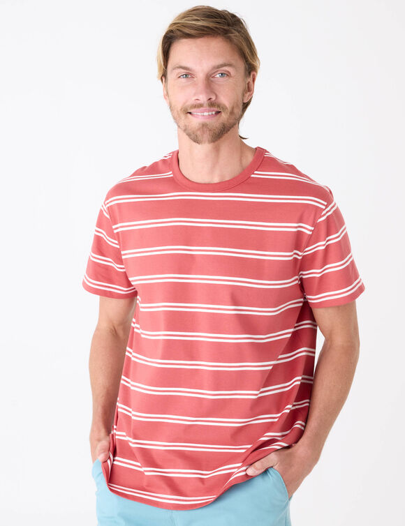 T-shirt ray&eacute; col rond manches courtes - coton biologique(**) (corail / &eacute;cru)