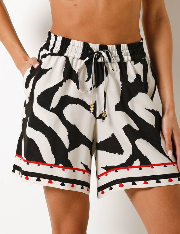 Short large fluide imprim&eacute;, viscose (noir / &eacute;cru)