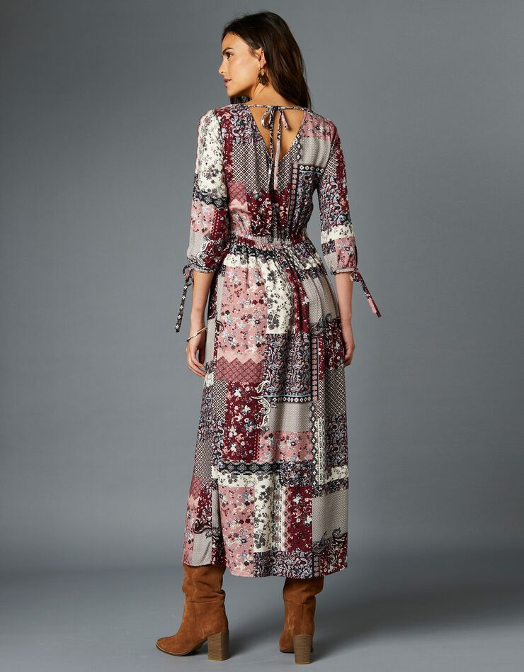 Robe longue imprimé patchwork col V (bois de rose / gris) Robe longue imprimé patchwork col V (bois de rose / gris)