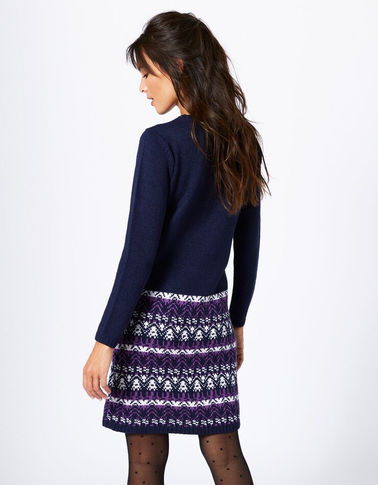 Robe pull unie base à motifs jacquard - manches longues (marine / violine) Robe pull unie base à motifs jacquard - manches longues (marine / violine)