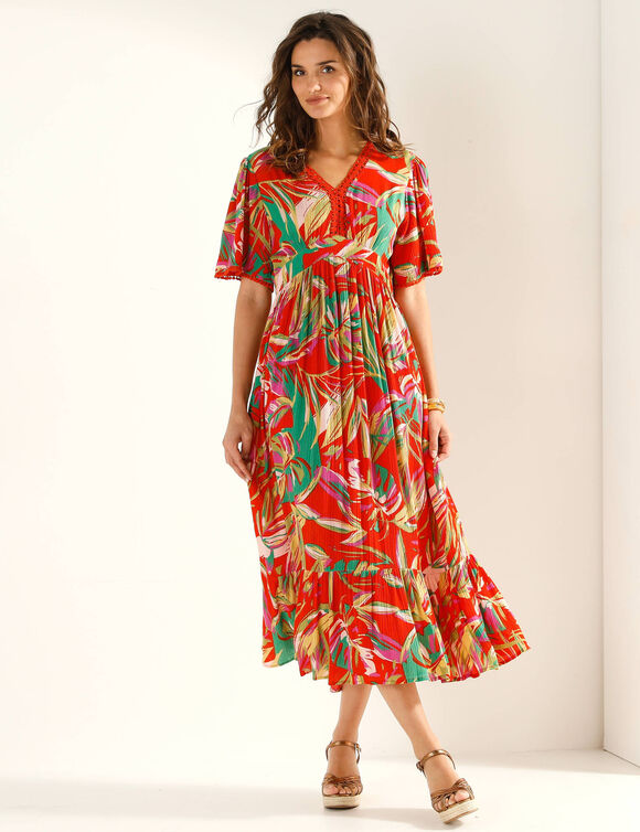 Robe longue macram&eacute;, imprim&eacute; tropical (orange)