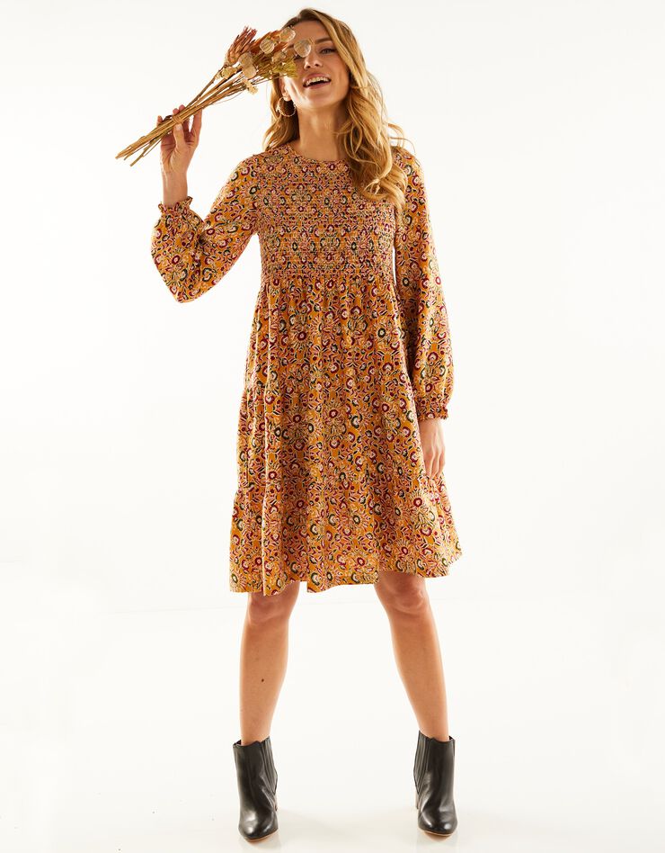 Robe smockée manches longues imprimé fleuri (miel / bronze)