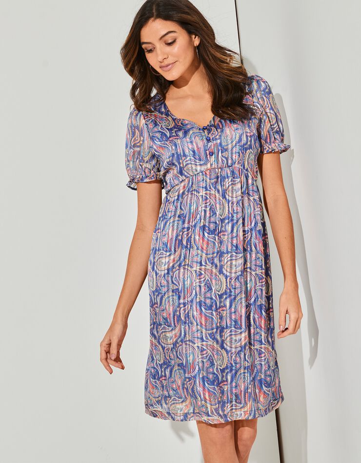 Robe courte imprimé cachemire, voile et fils et brillants (bleu / rose) Robe courte imprimé cachemire, voile et fils et brillants (bleu / rose)