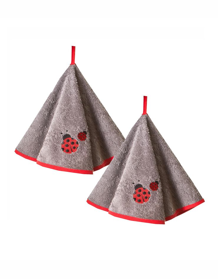 Torchons ronds éponge brodée coccinelle - lot de 2 (gris)