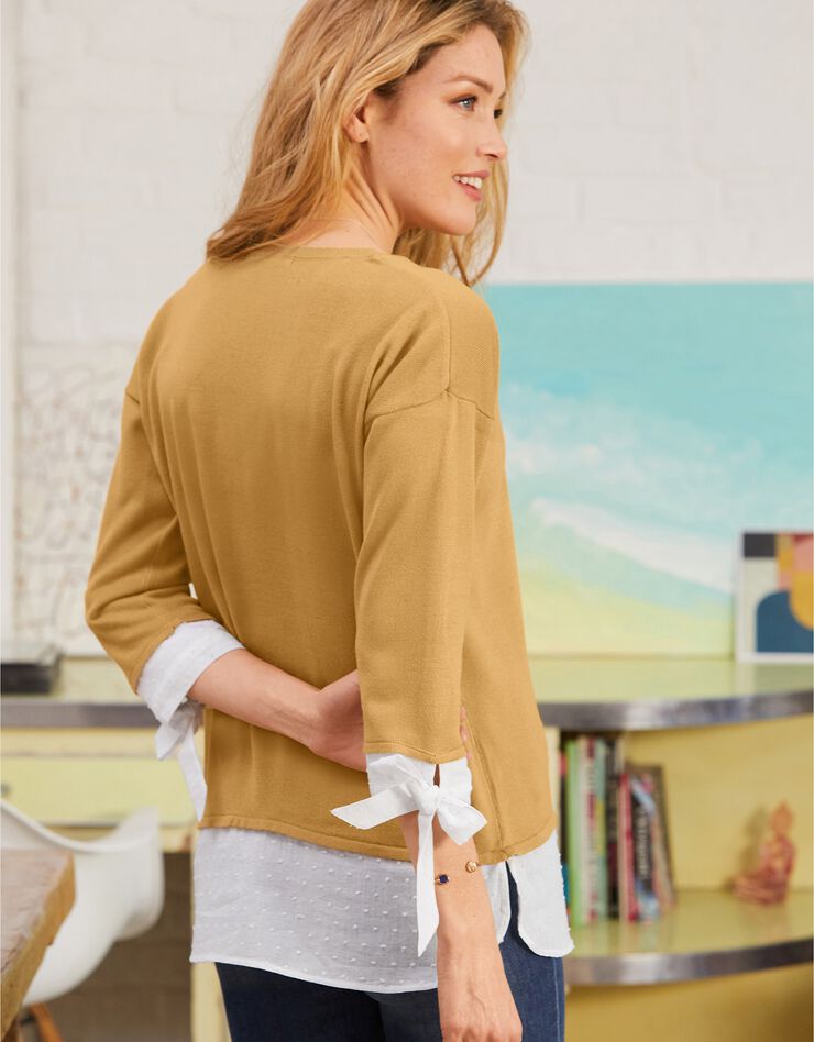 Pull bi-matière plumetis effet 2en1 toucher cachemire (curry) Pull bi-matière plumetis effet 2en1 toucher cachemire (curry)