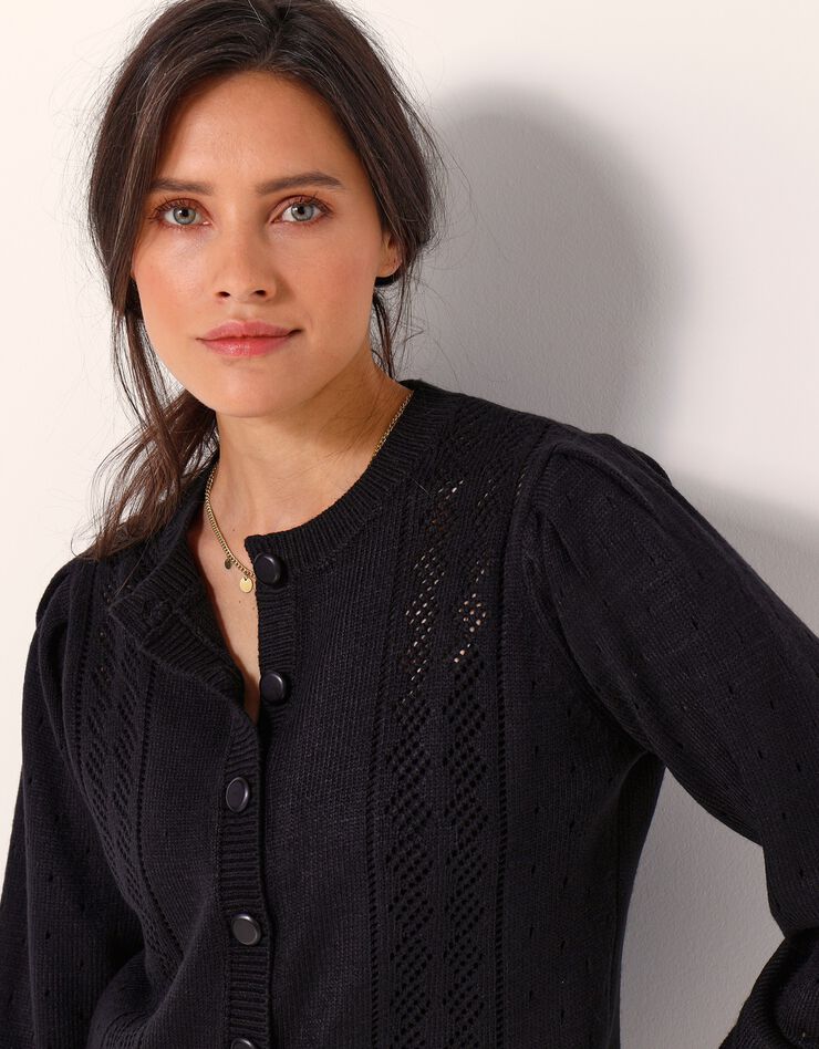 Cardigan boutonné, maille ajourée toucher cachemire (noir) Cardigan boutonné, maille ajourée toucher cachemire (noir)