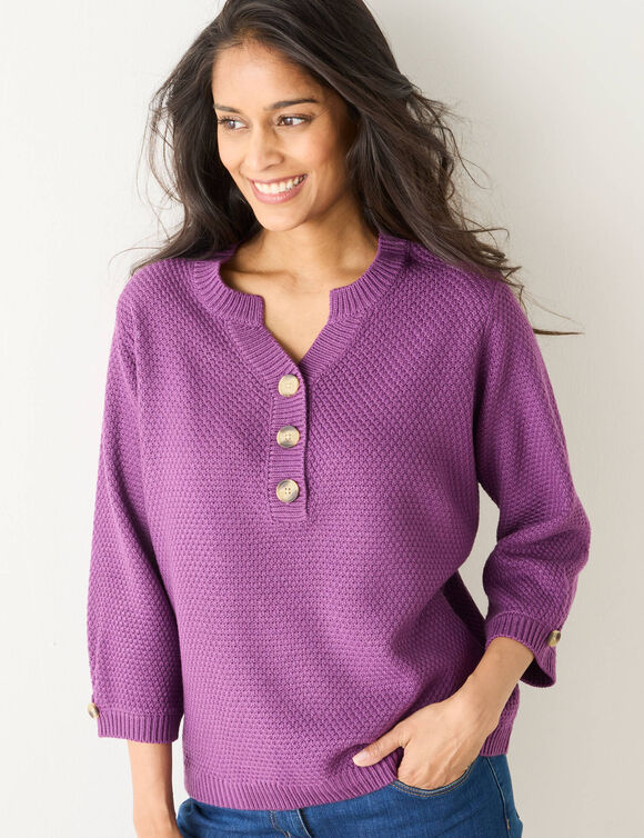 Pull col tunisien manches 3/4, maille fantaisie (violet)