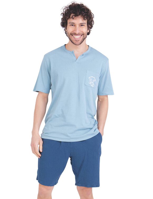 Pyjama short bi-mati&egrave;re Easy Coton (bleu)