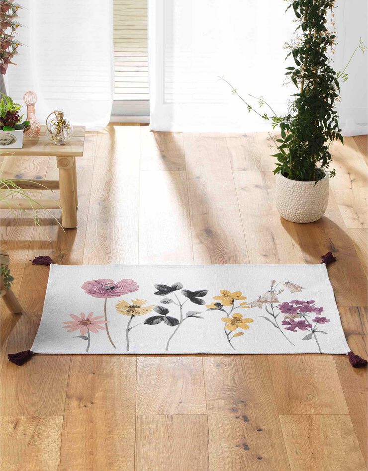 Tapis rectangulaire finition pompons, imprimé fleurs (imprimé) Tapis rectangulaire finition pompons, imprimé fleurs (imprimé)