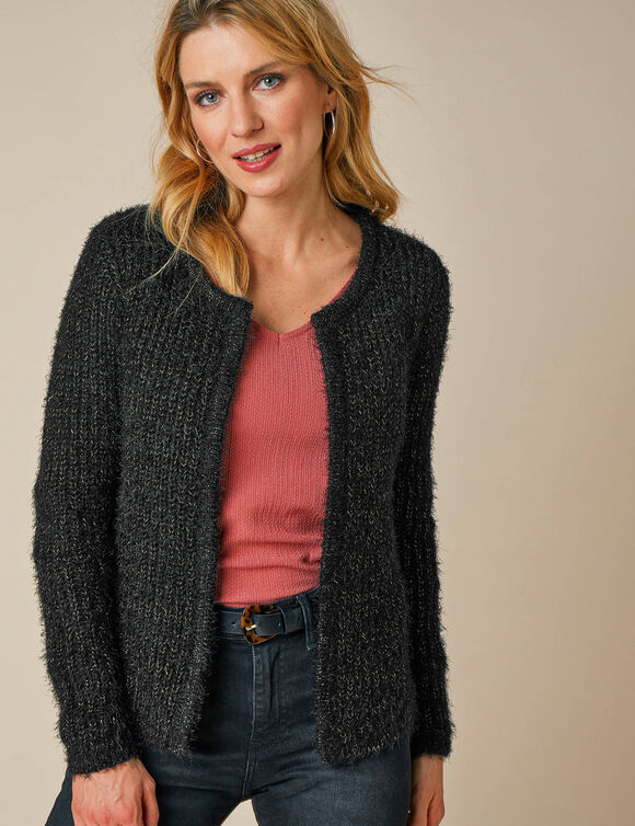 Gilet paletot, maille perlée fantaisie (noir)