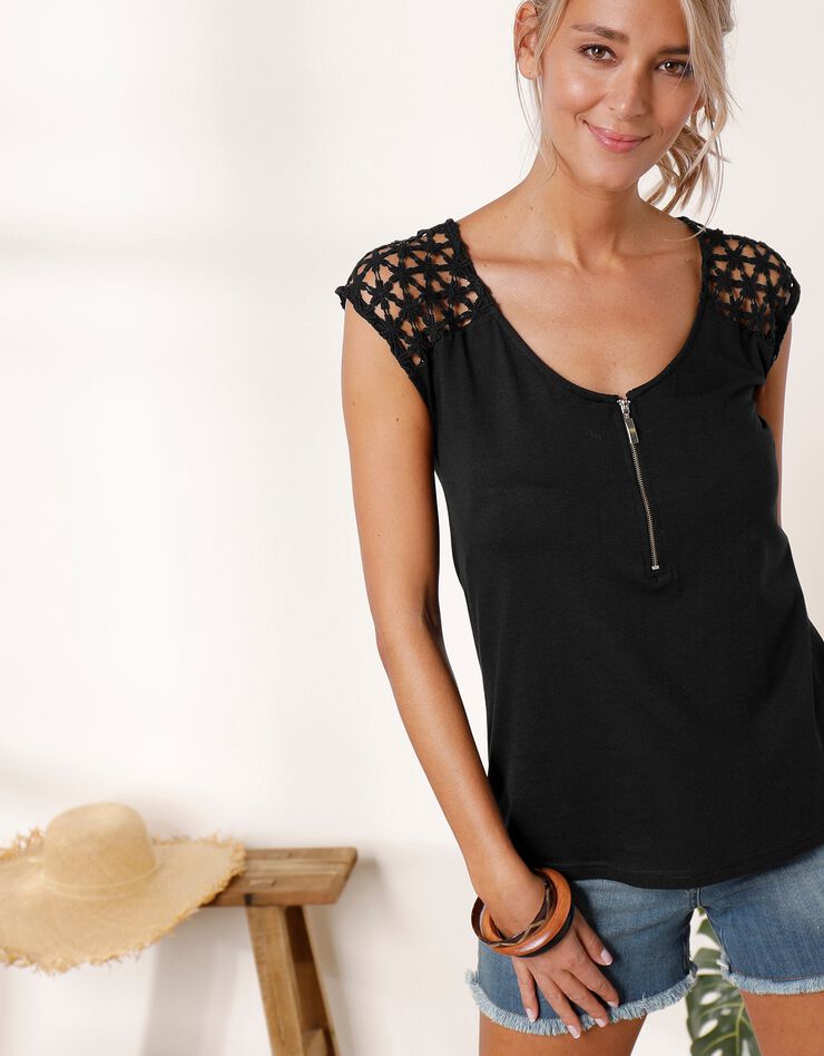 Tee-shirt zippé macramé uni (noir) Tee-shirt zippé macramé uni (noir)