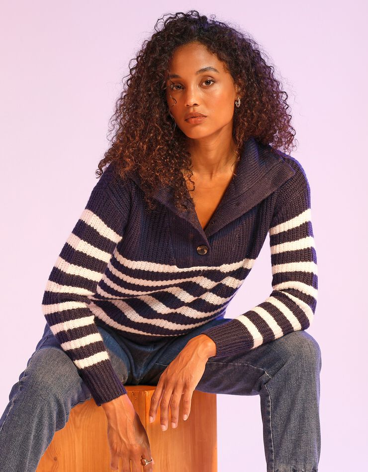 Pull col camionneur rayé, maille anglaise toucher mohair (marine / blanc) Pull col camionneur rayé, maille anglaise toucher mohair (marine / blanc)