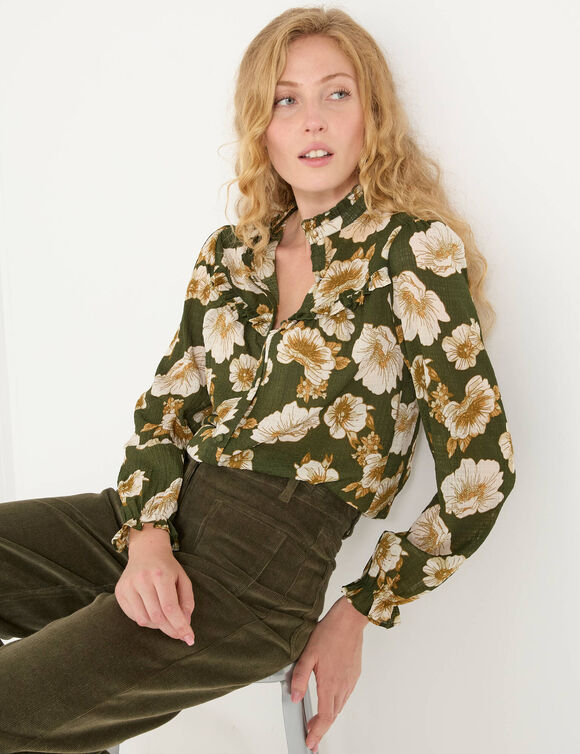 Blouse volantée imprimée floral, crépon (kaki)