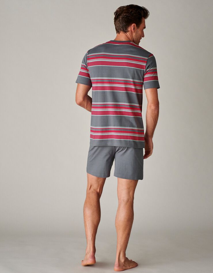 Pyjashort col V coton rayé (gris / rouge) Pyjashort col V coton rayé (gris / rouge)