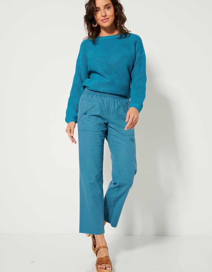 Pantalon coupe droite 7/8ème taille élastiquée, lin coton (bleu paon) Pantalon coupe droite 7/8ème taille élastiquée, lin coton (bleu paon)