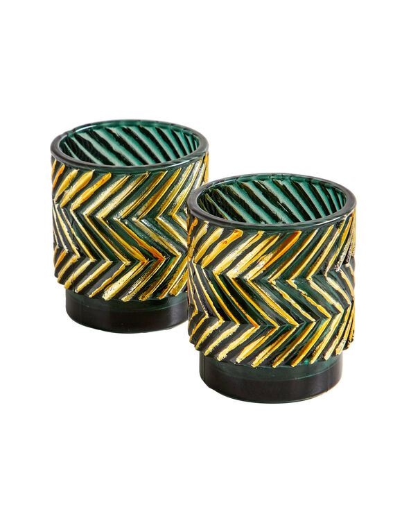 Lot de 2 photophores en verre (émeraude/doré)
