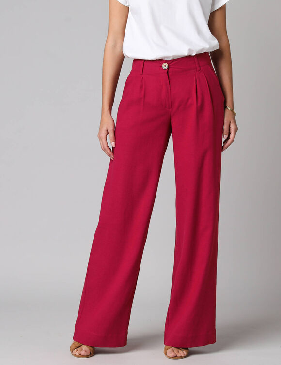 Pantalon large &agrave; pinces uni, en viscose-lin (framboise)