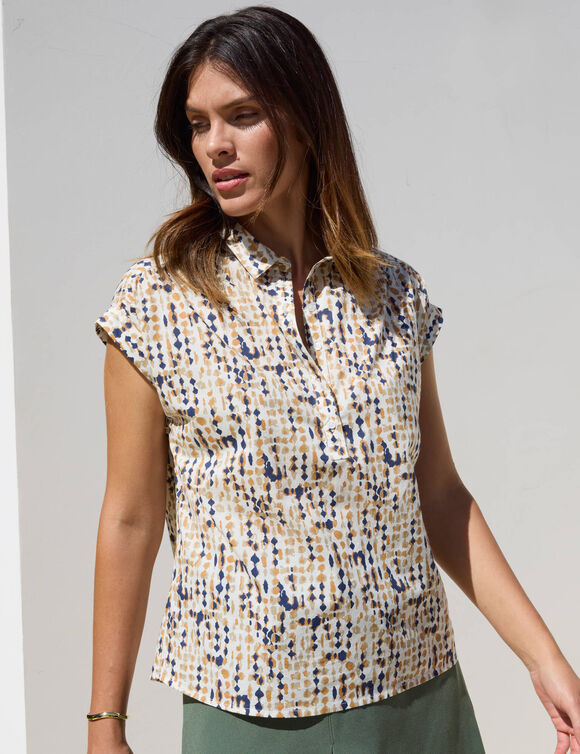 Blouse manches courtes à revers, imprimé minimaliste (écru / noisette)