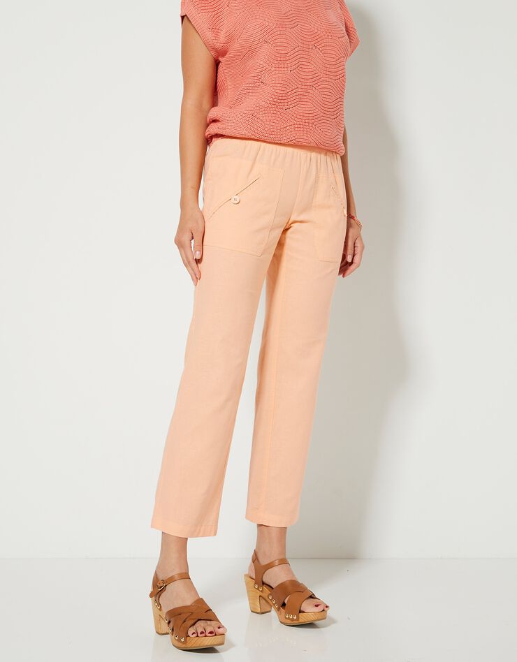 Pantalon coupe droite 7/8ème taille élastiquée, lin coton (pêche) Pantalon coupe droite 7/8ème taille élastiquée, lin coton (pêche)